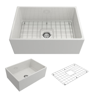 Contempo Farmhouse Apron Front Fireclay 27 in. Single Bowl Kitchen Sink with Bottom Grid and Strainer in White - Super Arbor
