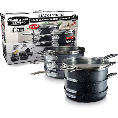 10-Piece Aluminum StackMaster Non-Stick Diamond Infused Cookware Set with Glass Lids - Super Arbor