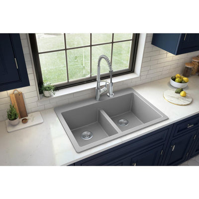 White Quartz 33 in. 50/50  Double Bowl Composite Drop-in Kitchen Sink - Super Arbor