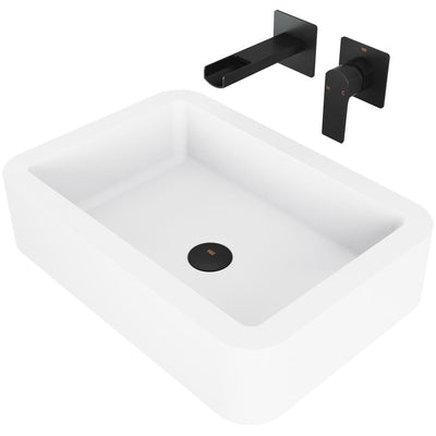 Petunia White Matte Stone Vessel Bathroom Sink Set with Atticus Wall Mount Faucet in Matte Black - Super Arbor