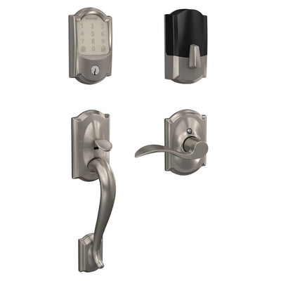 Camelot Satin Nickel Encode Smart Wi-Fi Deadbolt with Alarm and Camelot Handle Set with Accent Lever with Camelot Trim - Super Arbor
