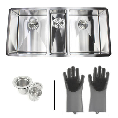 Undermount Stainless Steel 42 in. x 20 in. x 10 in. 16-Gauge Triple Bowl Kitchen Sink Combo w/Silicone Gloves & Strainer - Super Arbor