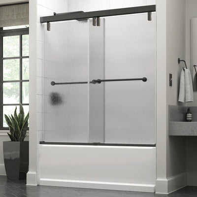 Lyndall 60 x 59-1/4 in. Frameless Mod Soft-Close Sliding Bathtub Door in Bronze with 3/8 in. (10mm) Rain Glass - Super Arbor