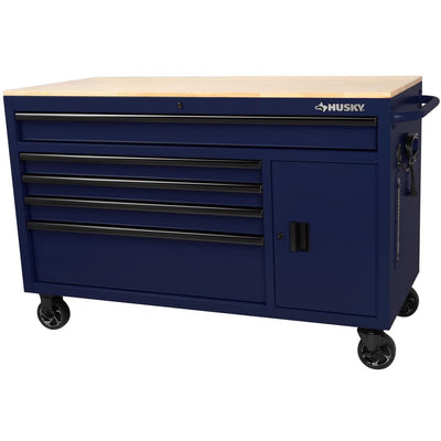 56 in. W x 24.5 in. D 5-Drawer Mobile Workbench in Matte Blue with Solid Wood Top
