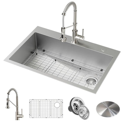 Loften All-in-One Dual Mount Drop-In Stainless Steel 33 in. 2-Hole Single Bowl Kitchen Sink with Pull Down Faucet - Super Arbor