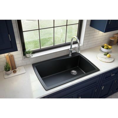 Drop-In Quartz Composite 34 in. 1-Hole Single Bowl Kitchen Sink in Black - Super Arbor