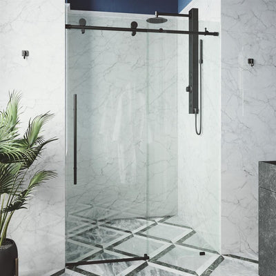 Elan E-class 60 in. x 76 in. Frameless Sliding Shower Door in Matte Black with Clear Glass and Handle - Super Arbor