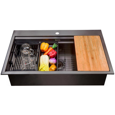 Matte Black Finish Stainless Steel 33 in. x 22 in. Single Bowl Drop-in Kitchen Sink with Workstation and Accessories - Super Arbor