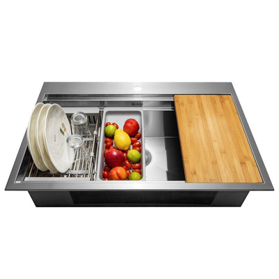 Handcrafted All-in-One Drop-In 32 in. x 22 in. x 9 in. Single Bowl Kitchen Sink in Stainless Steel with Accessories - Super Arbor