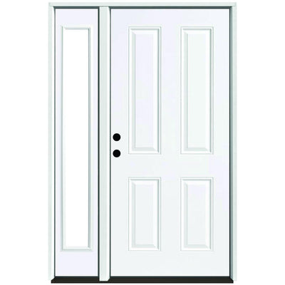 51 in. x 80 in. 4-Panel Primed White Right-Hand Steel Prehung Front Door with 12 in. Clear Glass Sidelite 4 in. Wall - Super Arbor