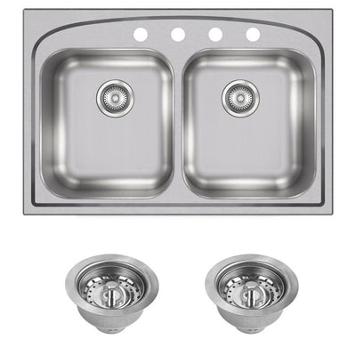 Pergola Drop-In Stainless Steel 33 in. 4-Hole Double Bowl Kitchen Sink - Super Arbor