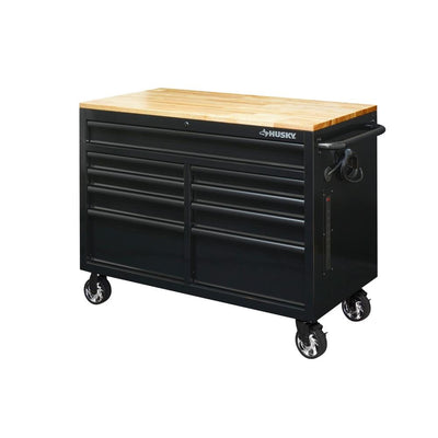 46 in. W x 24.5 in. D 9-Drawer Mobile Workbench with Solid Wood Top in All Black Finish
