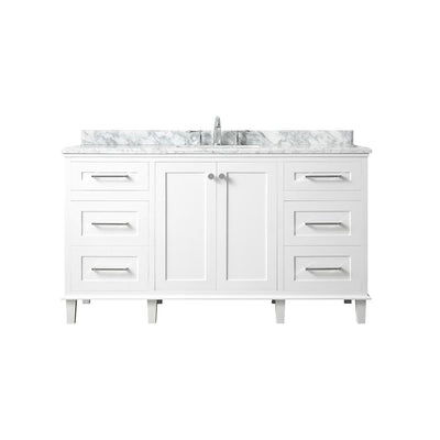 Heathermore 60 in. W x 22 in. D in White with Marble Top in Carrera with White Basins - Super Arbor
