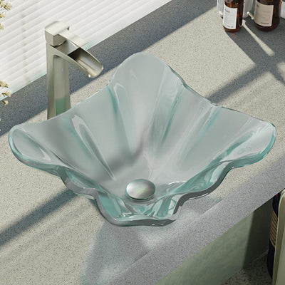 Glass Vessel Sink in Frosted with R9-7007 Faucet and Pop-Up Drain in Brushed Nickel - Super Arbor