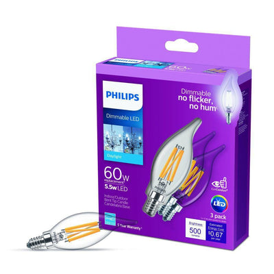 Philips 60-Watt Equivalent B11 Dimmable Edison LED Candle Light Bulb Glass Bent Tip Candelabra Base Daylight (5000K) (3-Pack) - Super Arbor
