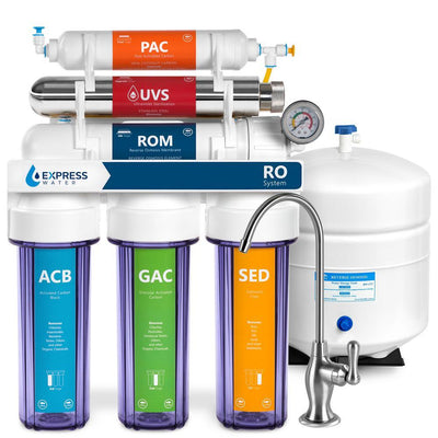Ultraviolet Under Sink Reverse Osmosis Water Filtration - 6 Stage UV w/ Faucet and Tank - 100 GPD w/ Clear Housing - Super Arbor
