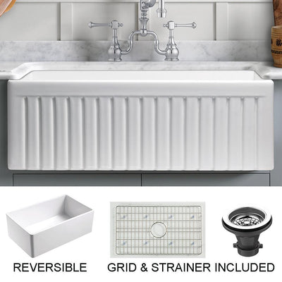 Sutton Place Farmhouse Fireclay 33 in. Single Bowl Kitchen Sink with Grid with Grid and Strainer - Super Arbor