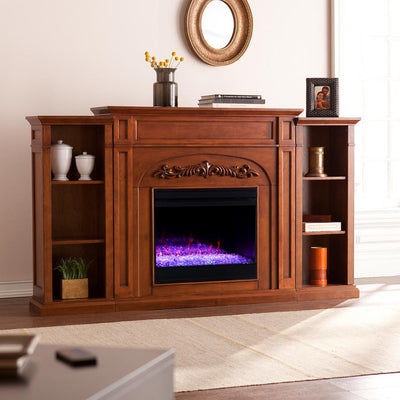Overton Color Changing 73 in. Electric Fireplace with Bookcases in Autumn Oak - Super Arbor