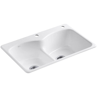 Langlade Smart Divide Drop-In Cast Iron 33 in. 2-Hole Double Bowl Kitchen Sink in White - Super Arbor