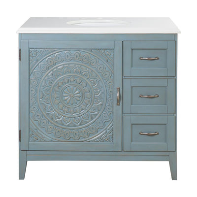 Chennai 37 in. W Single Vanity in Blue Wash with Engineered Stone Vanity Top in Crystal White with White Sink - Super Arbor