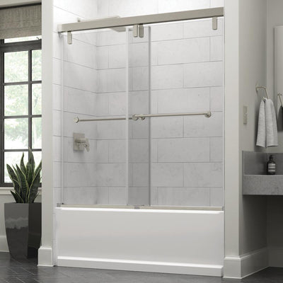 Everly 60 in. x 59-1/4 in. Mod Semi-Frameless Sliding Bathtub Door in Nickel and 3/8 in. (10mm) Clear Glass - Super Arbor