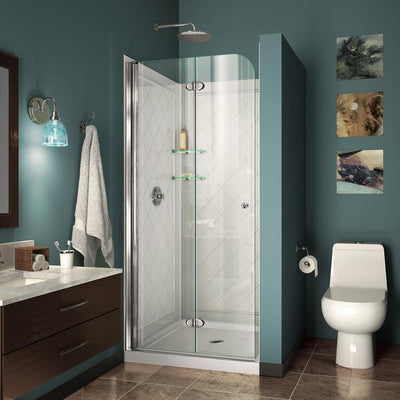Aqua Fold 32 in. D x 32 in. W x 76 3/4 in. H Frameless Shower Door in Chrome with Base and Backwalls - Super Arbor