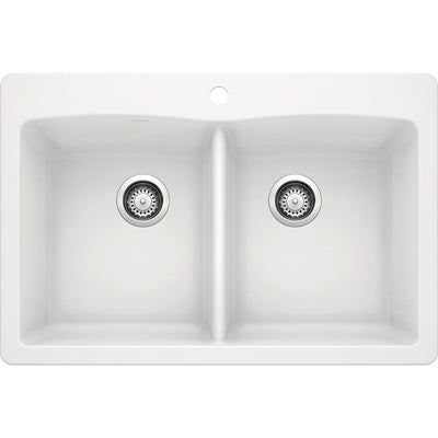 DIAMOND Dual Mount Granite Composite 33 in. 1-Hole 50/50 Double Bowl Kitchen Sink in White - Super Arbor